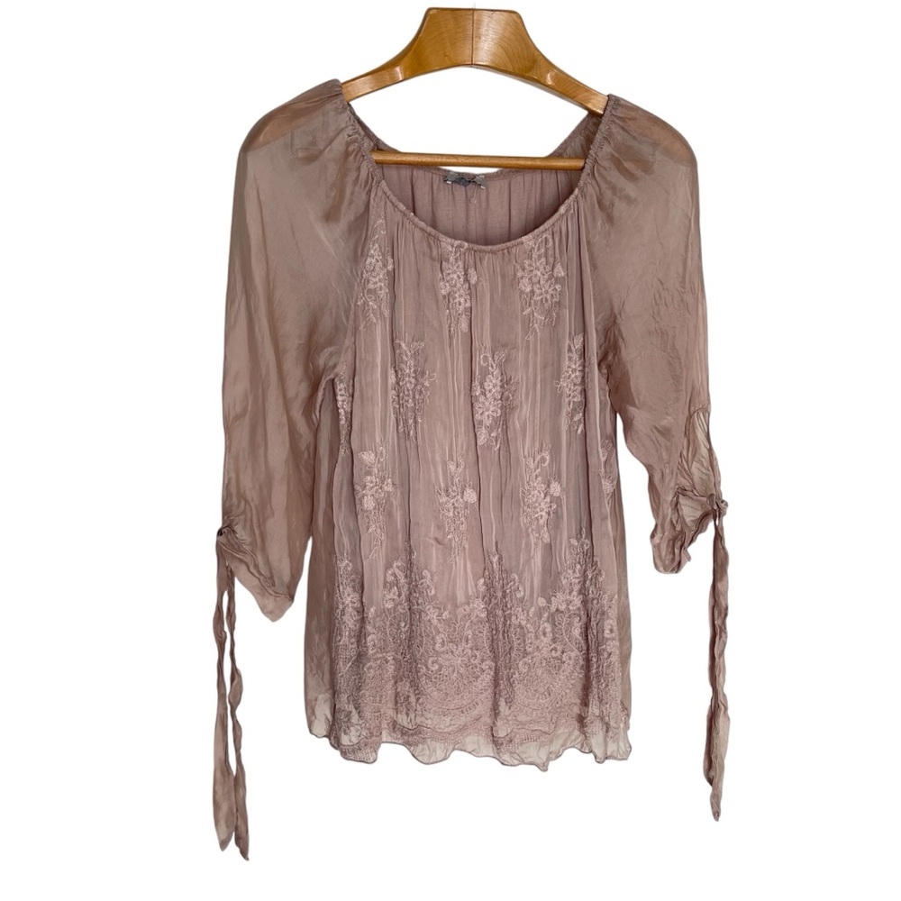 Angela Moda Boho Balloon-Sleeve Champagne Silk Blend Blouse Fairy Women’s Med